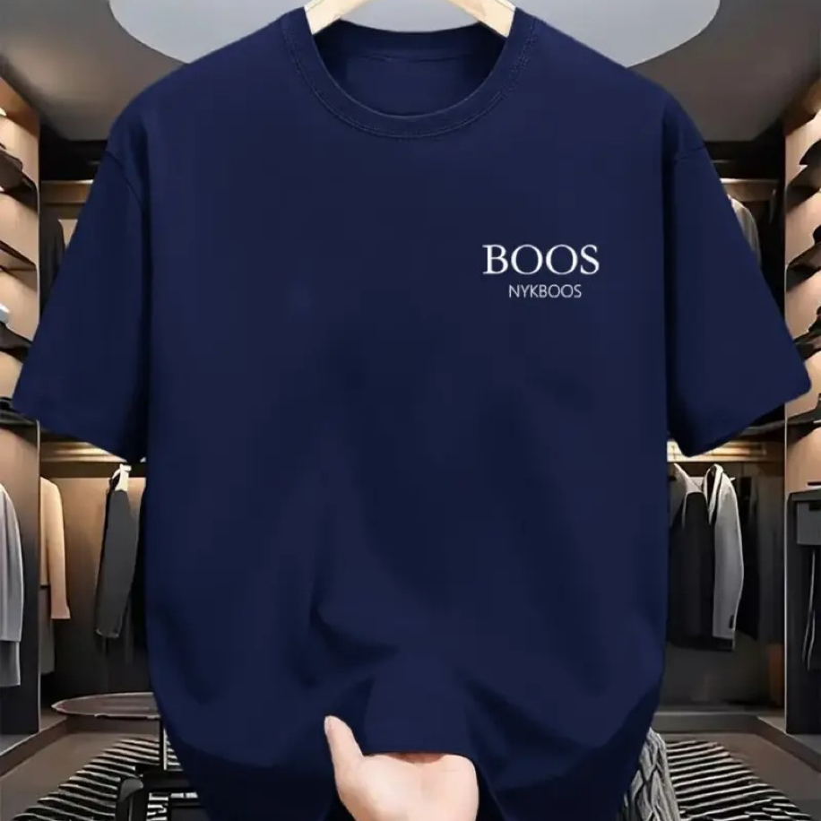 BOOS Baskı Pamuk Penye Yuvarlak Yaka Tişört | Lacivert