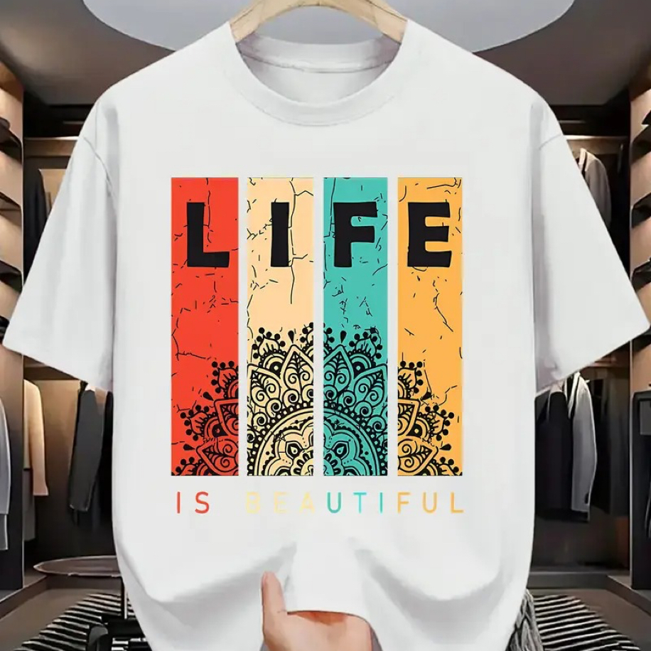 LIFE Baskı Pamuk Penye Yuvarlak Yaka Tişört | Beyaz