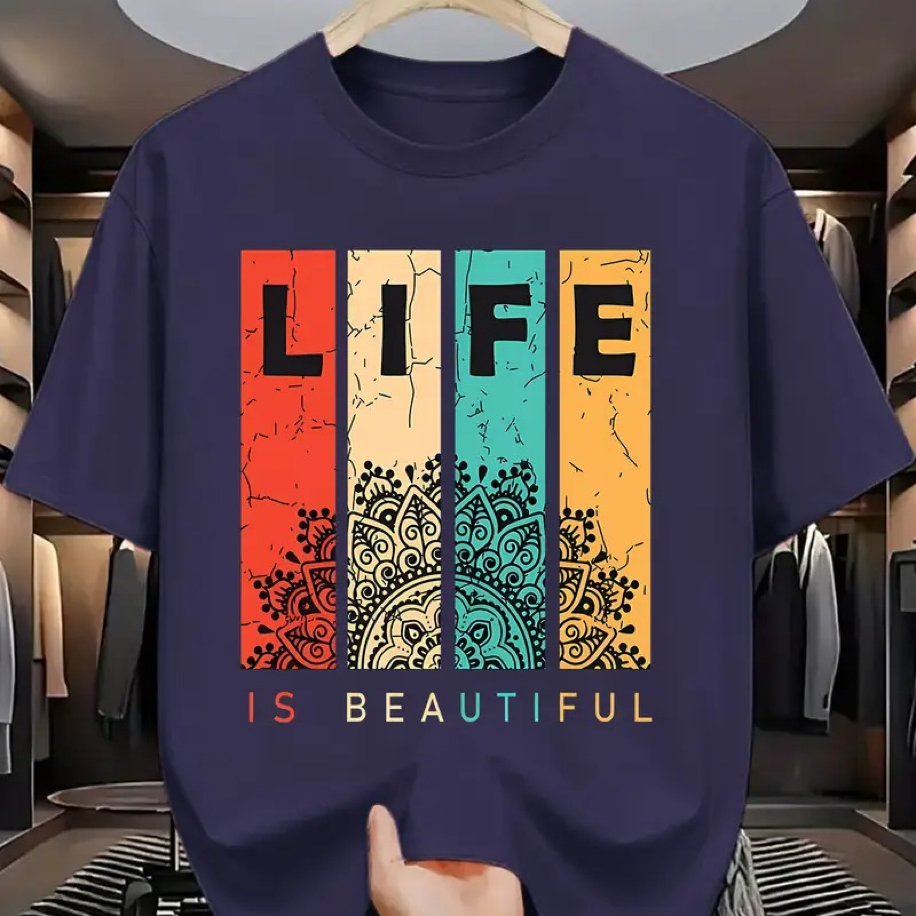 LIFE Baskı Pamuk Penye Yuvarlak Yaka Tişört | Lacivert