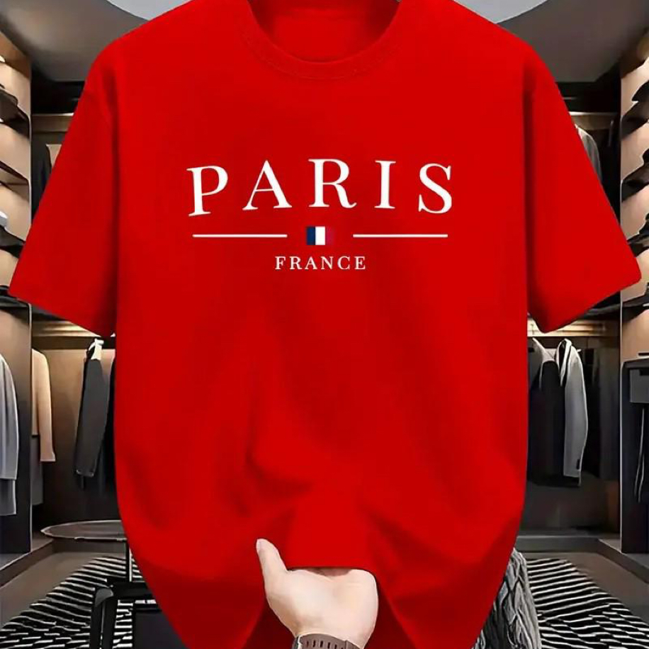 Paris France Baskı Pamuk Penye Yuvarlak Yaka Tişört | Kırmızı