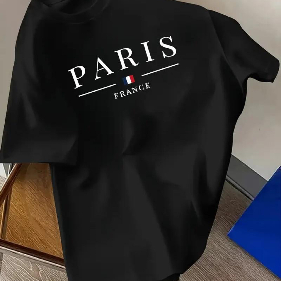 Paris France Baskı Pamuk Penye Yuvarlak Yaka Tişört | Siyah