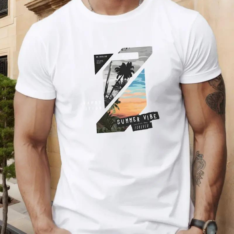 Summer Vibe Baskılı Pamuk Penye Yuvarlak Yaka Tişört | Beyaz